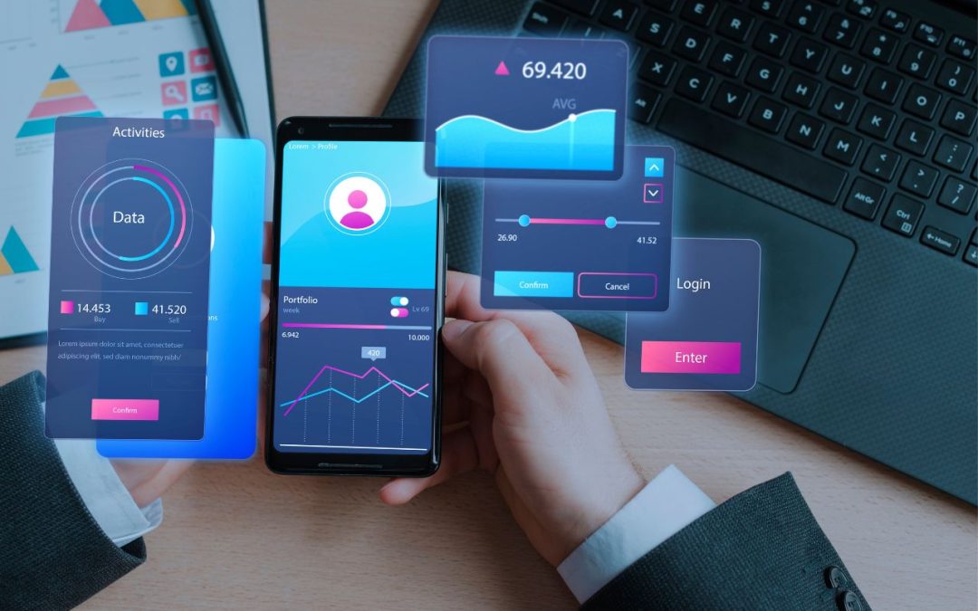 Illustration of a mobile finance dashboard and secure transaction cards